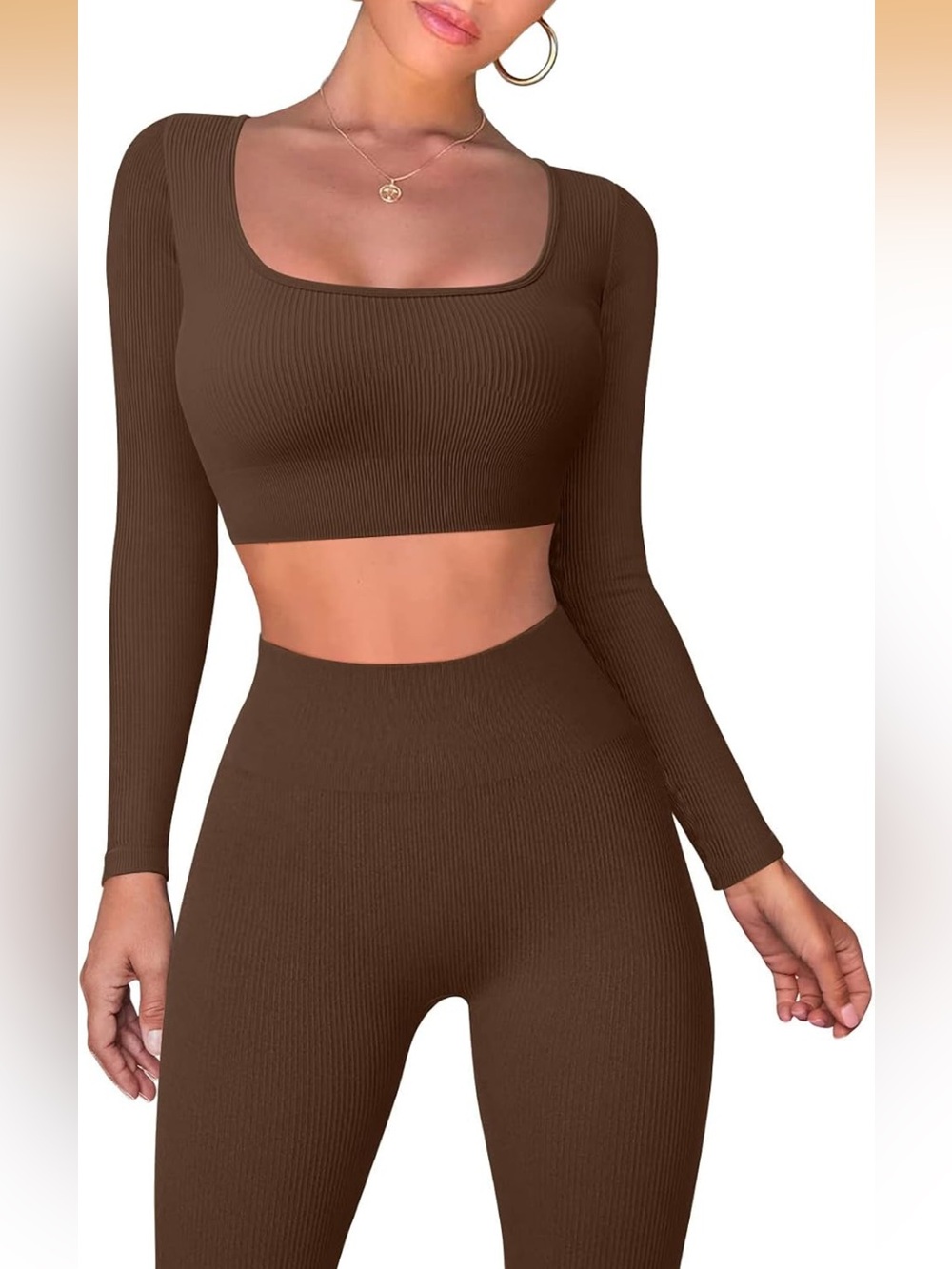 Ribbed High-Waist Leggings and Long-Sleeve Crop Top Workout Set - Rust Brown